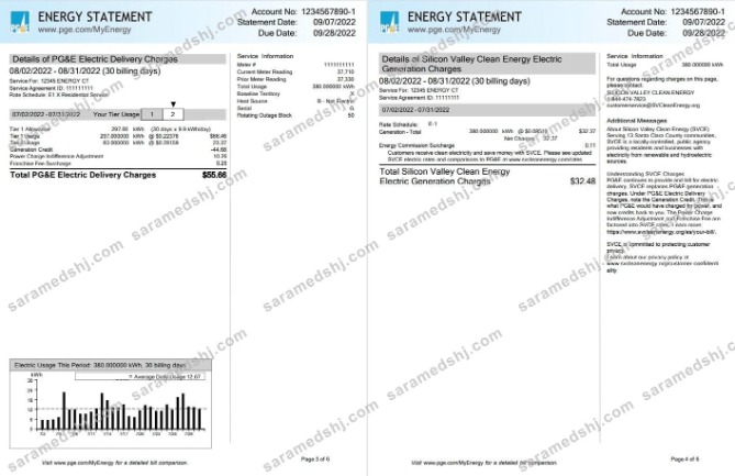 USA California PG&E (Pacific Gas and Electric Company) utility bill, Word and PDF template, 6 pages 3 4